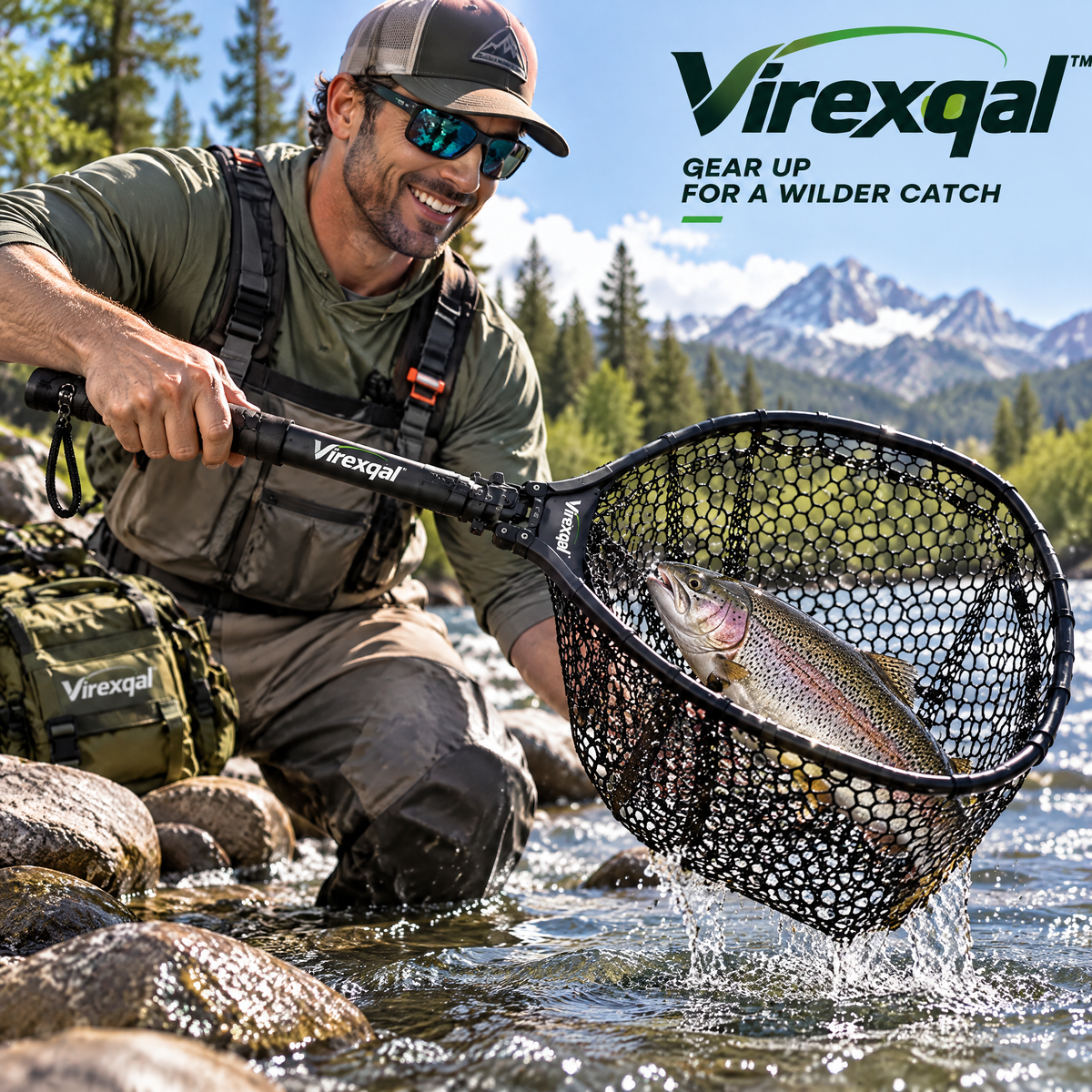 Virexqal™ Folding Fishing Landing Net — In-use setting