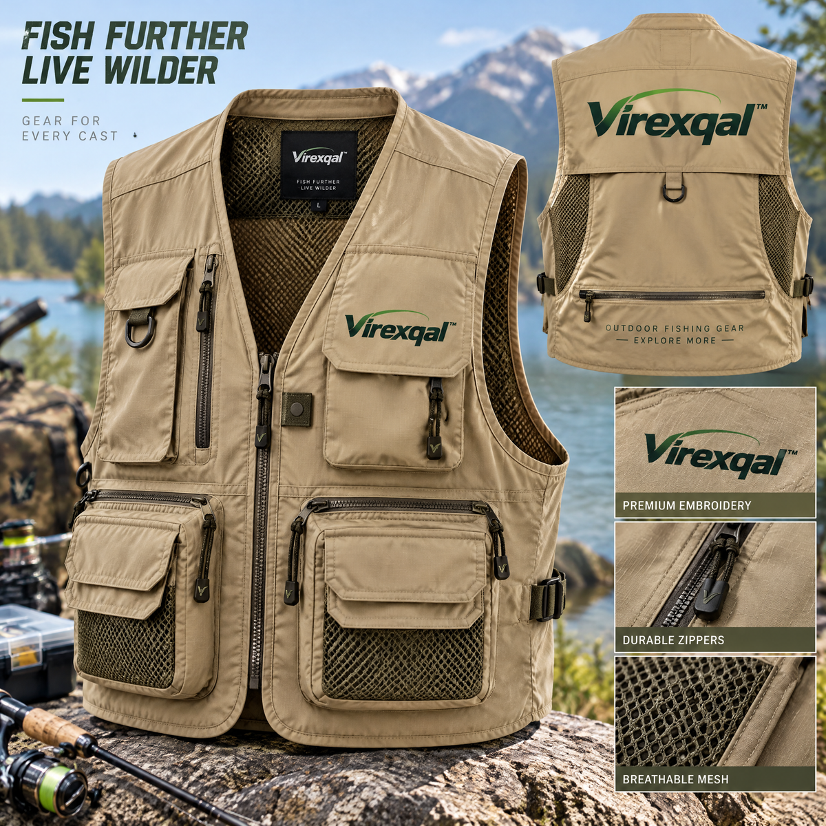 Virexqal™ Multi-Pocket Fishing Utility Vest — Outdoor setting