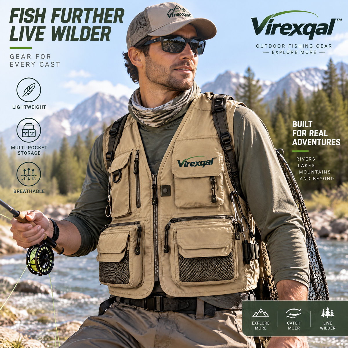 Virexqal™ Multi-Pocket Fishing Utility Vest — In-use setting