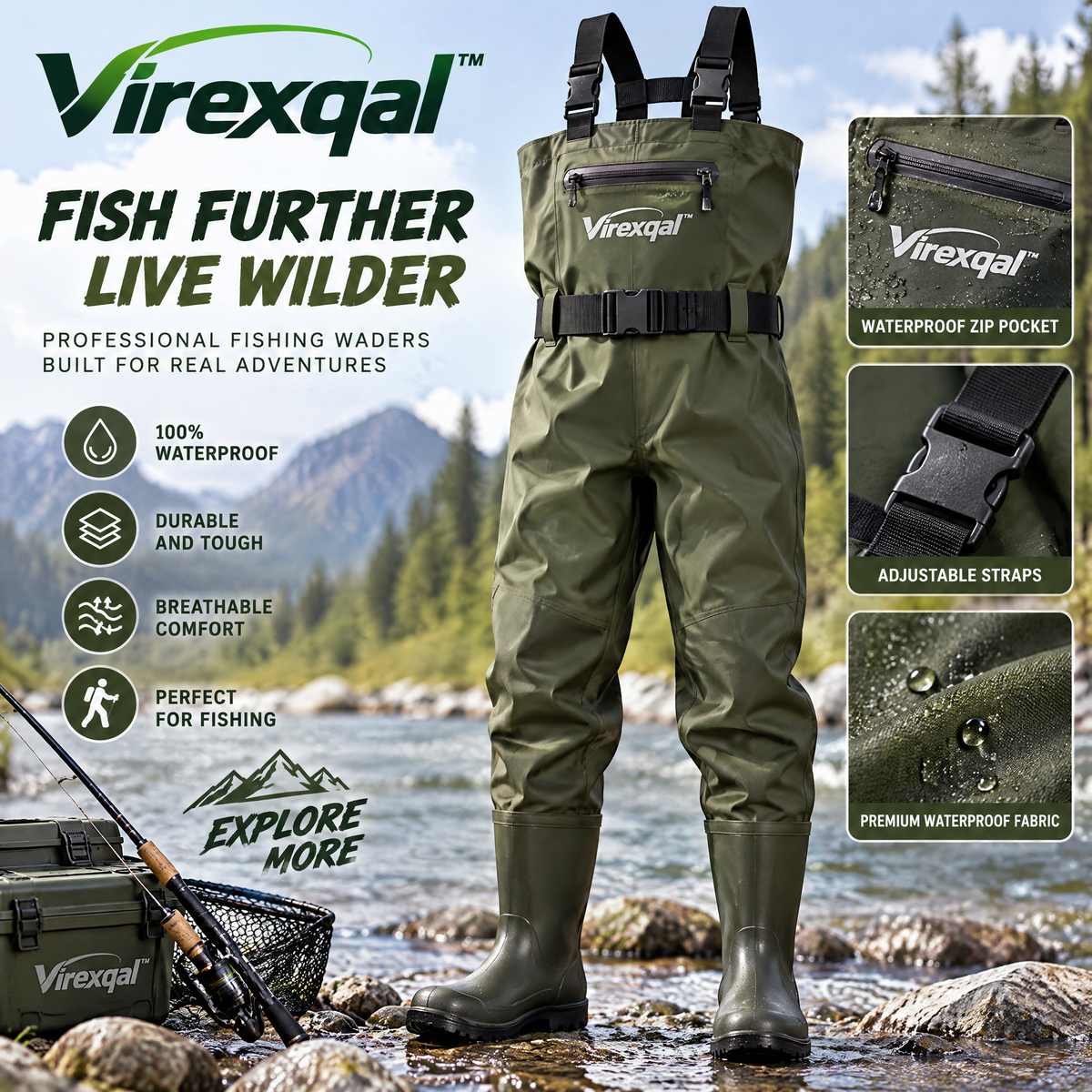 Virexqal™ Chest-Style Fishing Waders with Boots — Outdoor setting