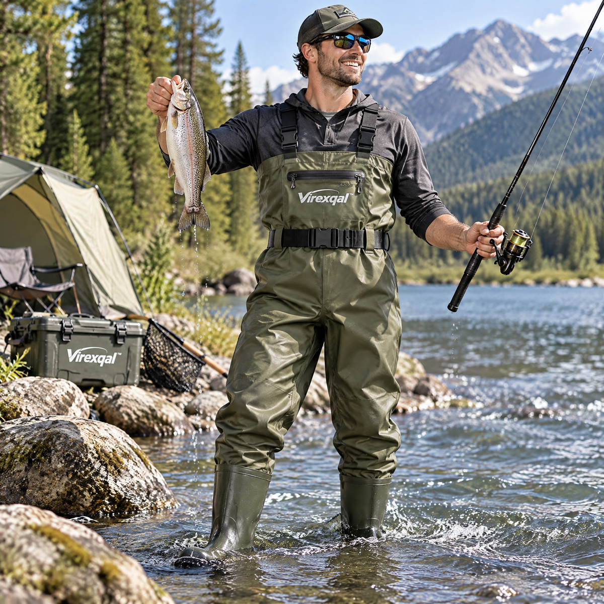 Virexqal™ Chest-Style Fishing Waders with Boots — In-use setting