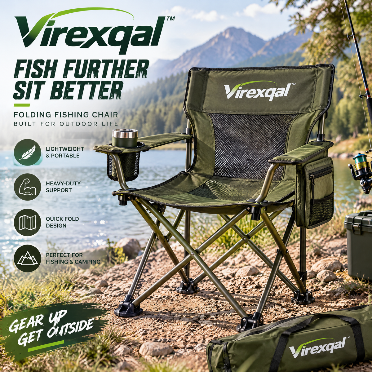 Virexqal™ Folding Fishing Chair with Side Storage — Outdoor setting