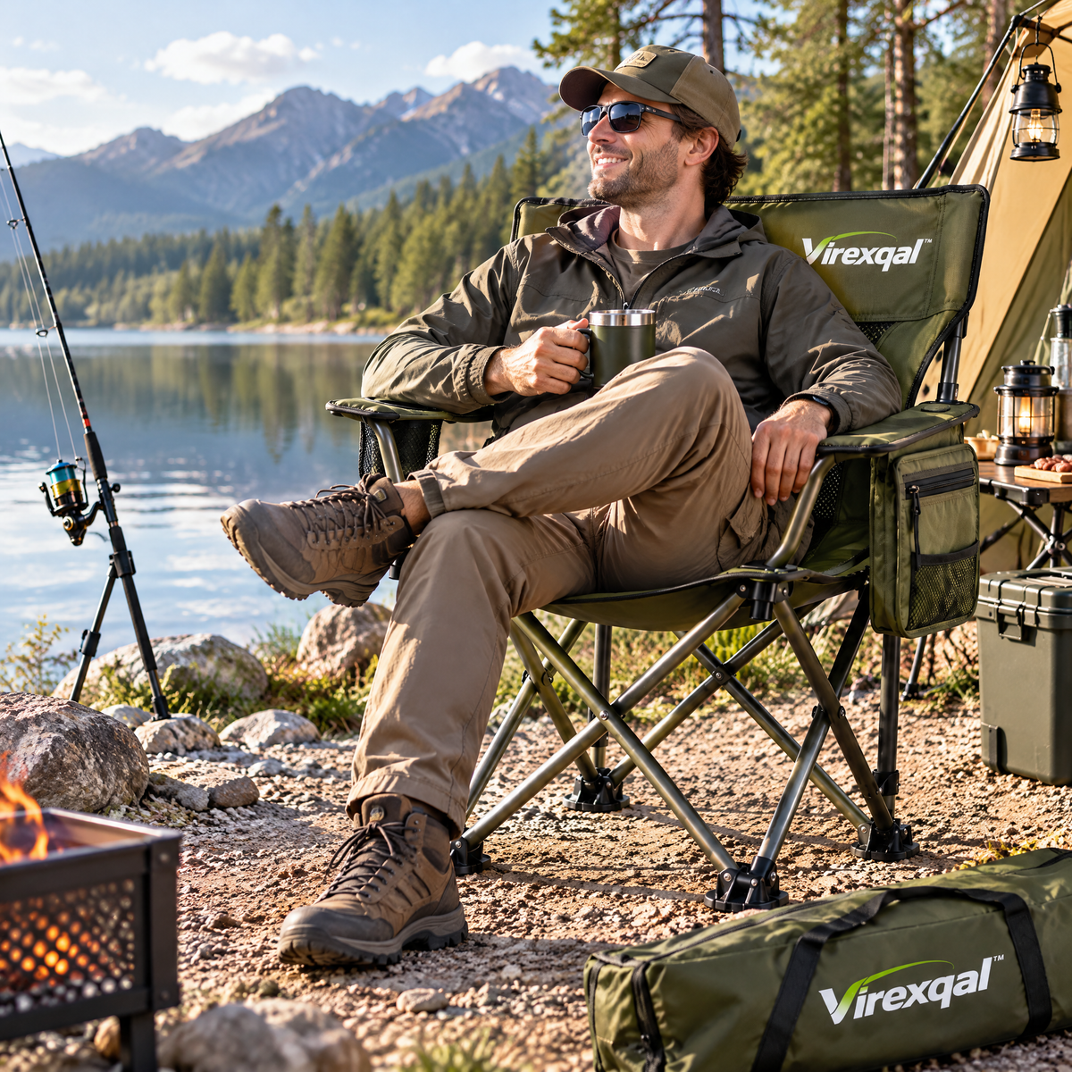 Virexqal™ Folding Fishing Chair with Side Storage — In-use setting