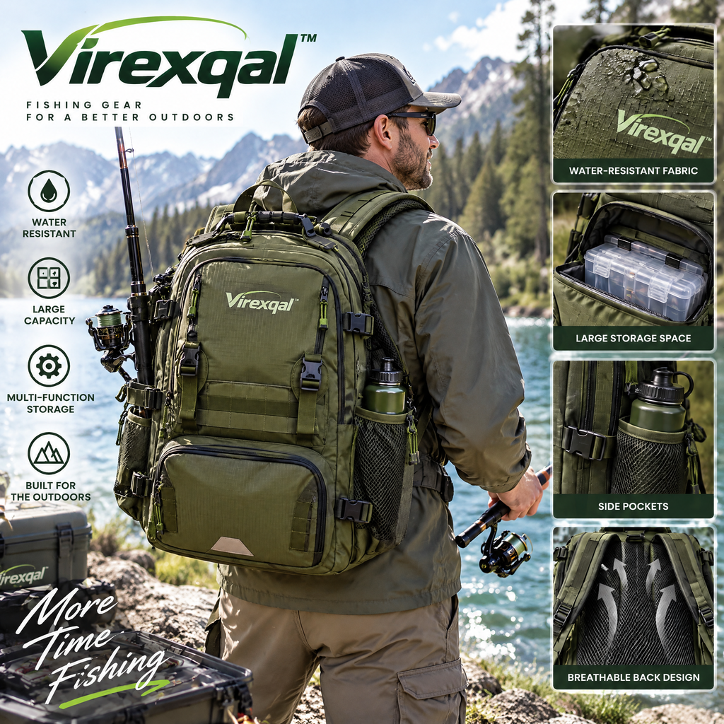 Virexqal™ Multi-Pocket Fishing Backpack — In-use setting
