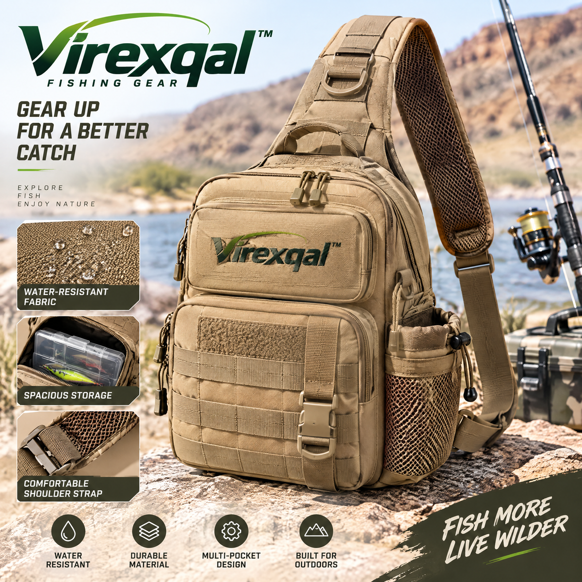 Virexqal™ Compact Fishing Sling Tackle Bag — Outdoor setting