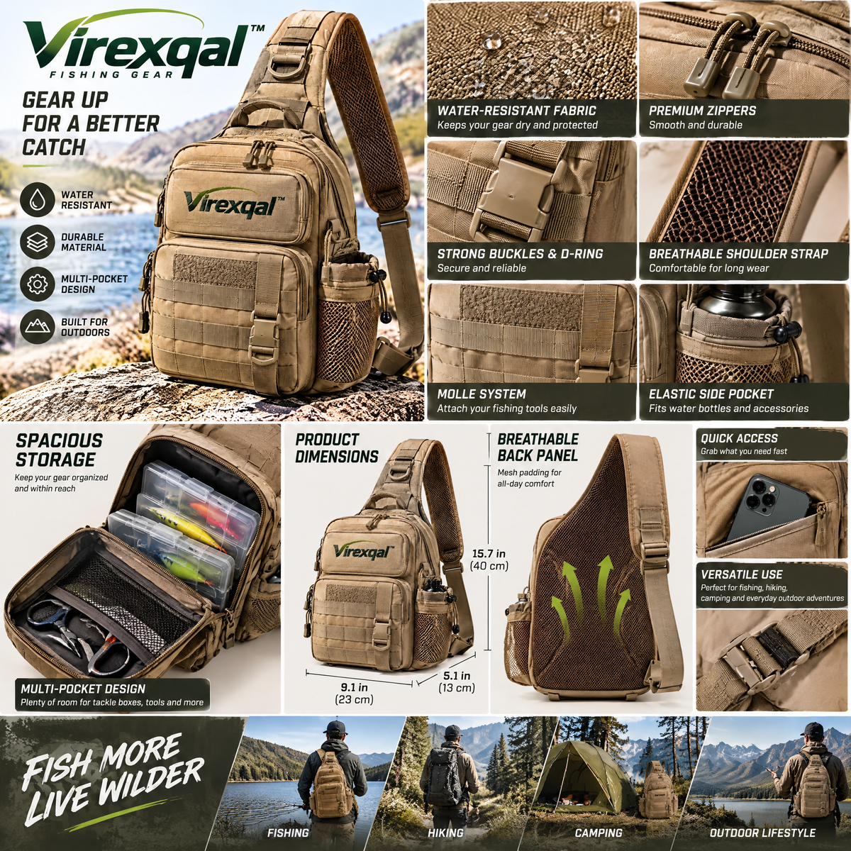Virexqal™ Compact Fishing Sling Tackle Bag — Design details