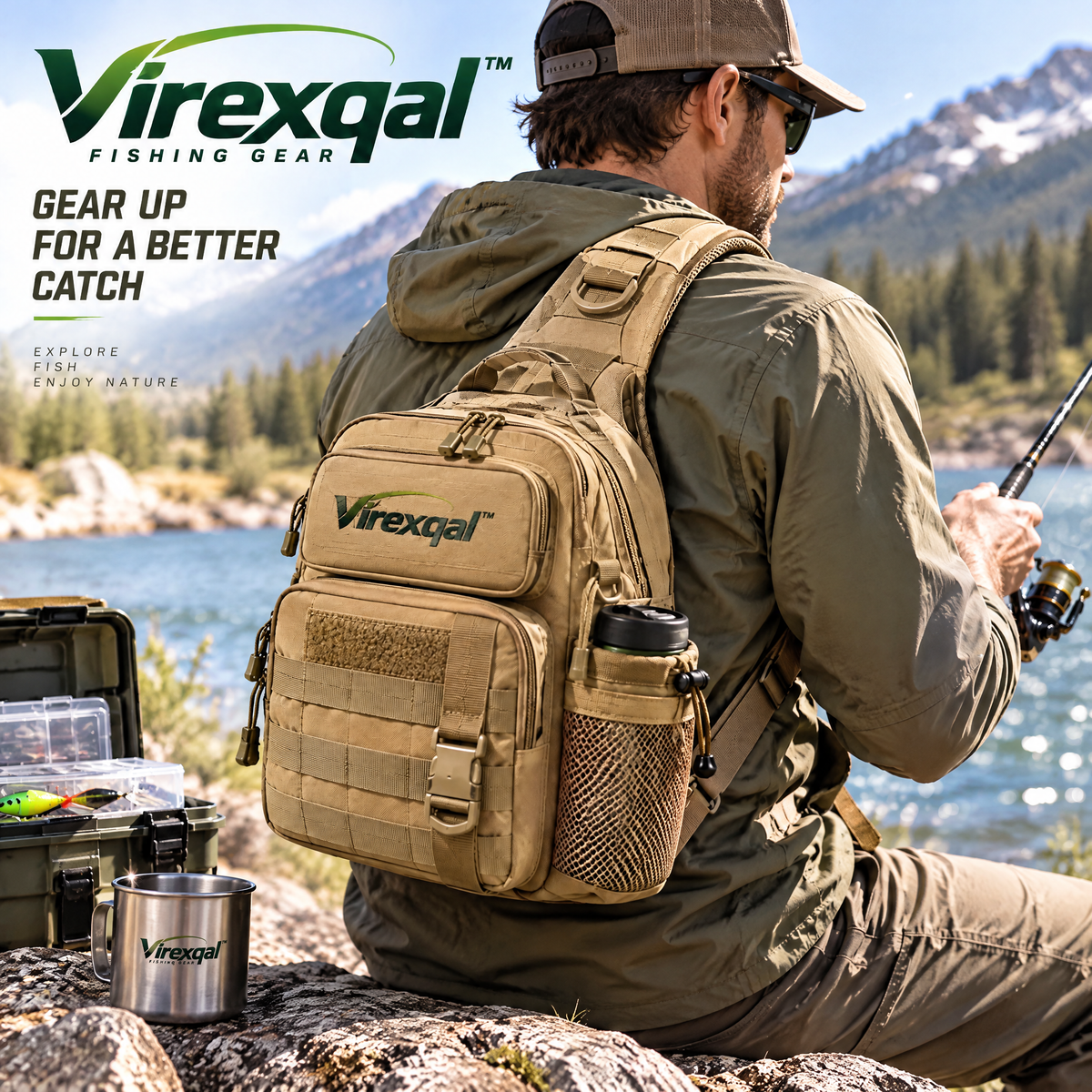Virexqal™ Compact Fishing Sling Tackle Bag — In-use setting