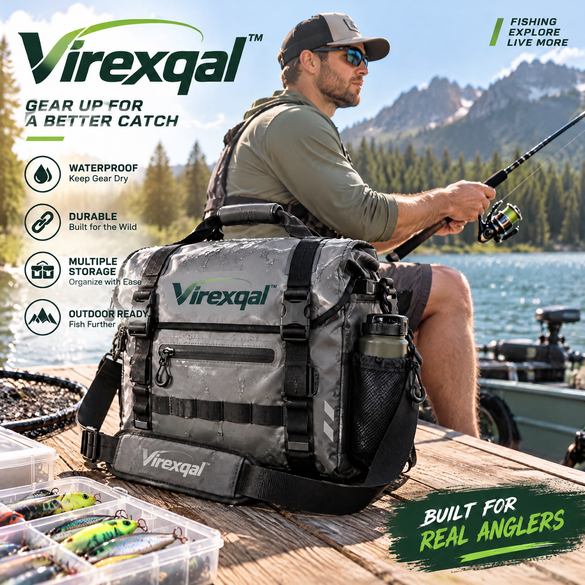 Virexqal™ Flap-Top Fishing Gear Bag — In-use setting