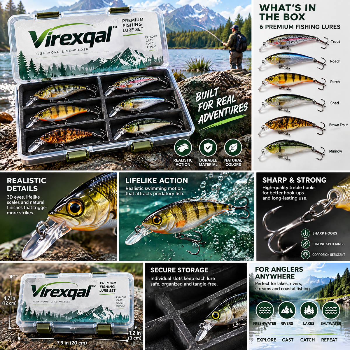 Virexqal™ Premium Fishing Lure Set with Clear Case — Design details